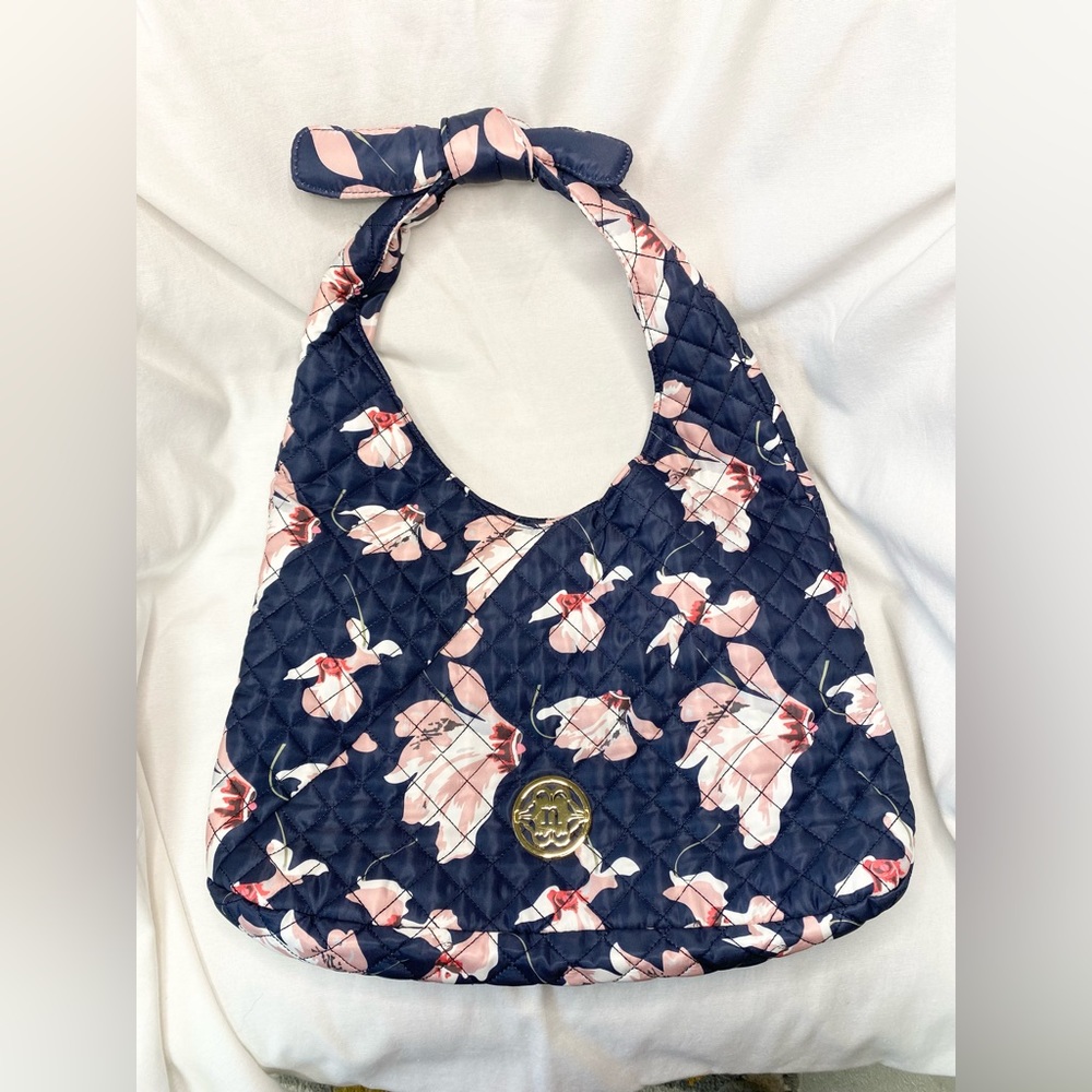 Nanette Lapore washable quilted hobo purse Nancy blue with blossoms